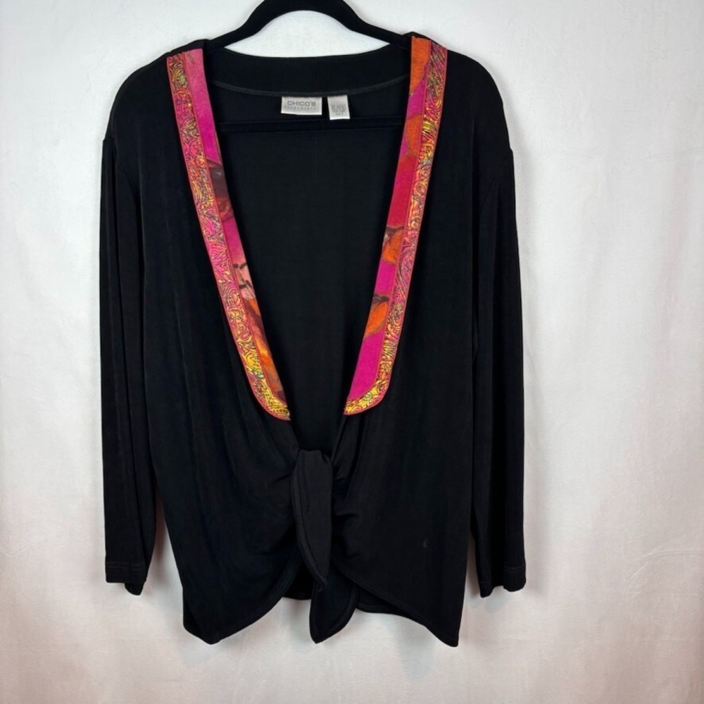 Chicos Travelers Womens Black‎ Stretch Tie Front Blouse Pink Silk Hem SZ XL
